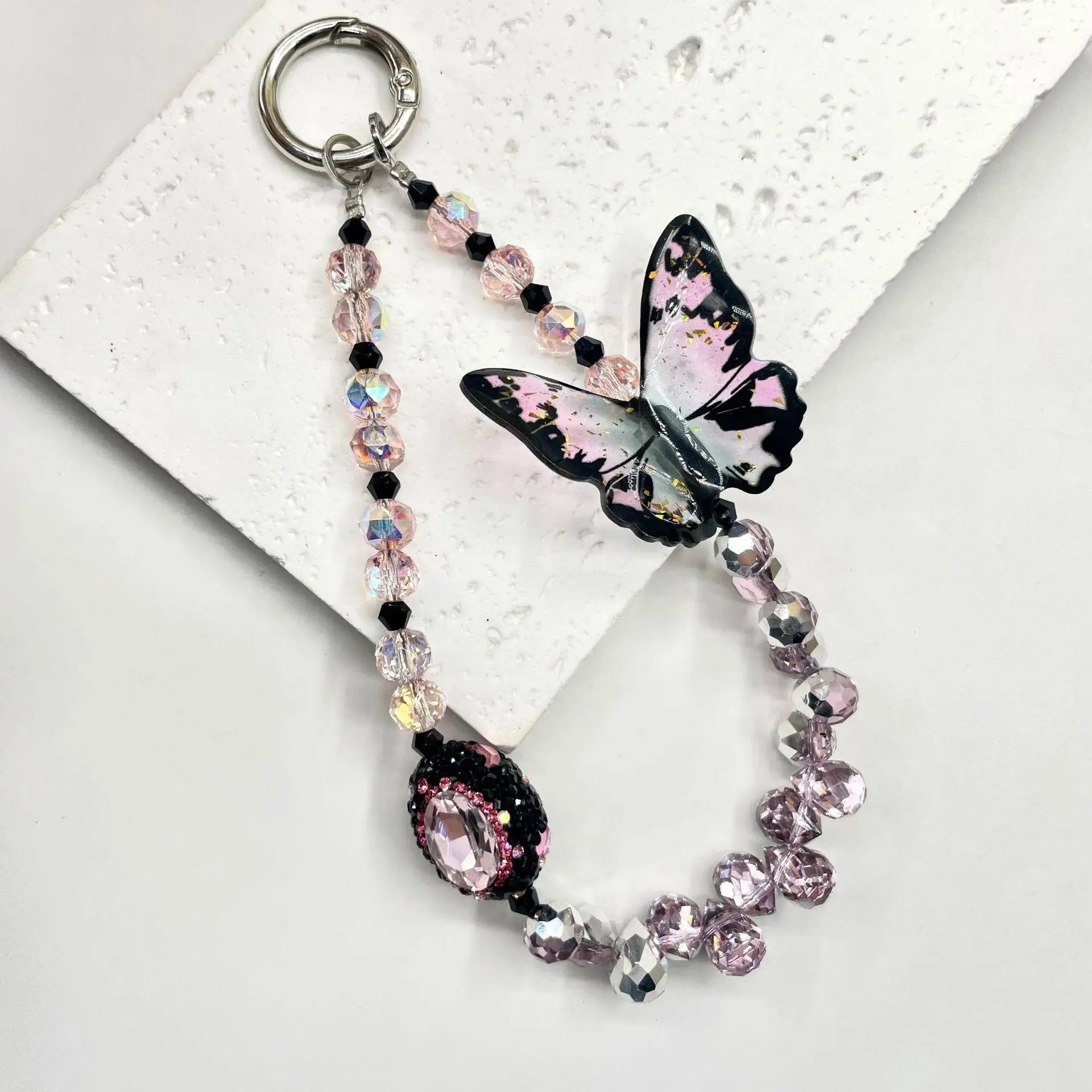 Butterfly Design Beaded Mobile Phone Chain, DIY Premium Smudge Bow Crystal Beaded Lanyard, Multi-Use Wrist Accessory for Phone, Key & Camera Ornament Charm