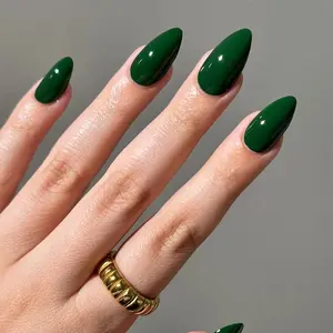 Press On Nails 24PCS Almond Green Glossy Solid Color Fake Nails Acrylic Nails Minimalist Chic Design Reusable Acrylic False Nails for Daily Party Wedding Occasion 1 Jelly Glue & 1 Nail File