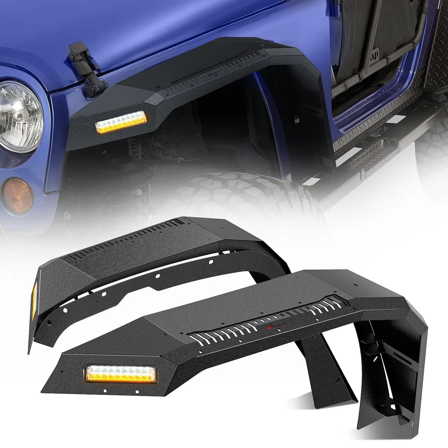 Nilight 2pcs Flat Top Wide Front Metal Iron Fender Flares - 8.26in Width, LED Turn Signals & DRL Led Lights, Bolt-On Enhanced Tire Coverage Car Accessories for 2007-2018 Jeep Wrangler JK 2/4 Door