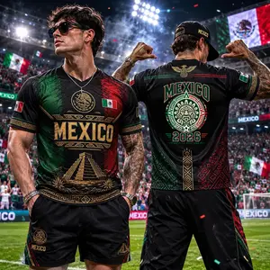 Mexican national team style football uniform, featuring Aztec pyramid and eagle pattern design. Suitable for football fans' summer sports wear. An excellent gift choice.