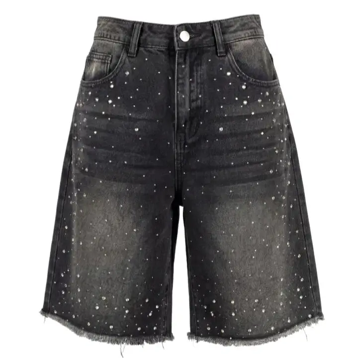 Men's Five Pocket Denim Bermuda Shorts Gradient Faded Wash Rhinestone Dot Print Raw Fringe Hem Button Waist Closure Streetwear Inspired Bottoms For City Stroll Night Out Casual Hangouts Unique Eye-catching Design For Trendy Daily Outfit