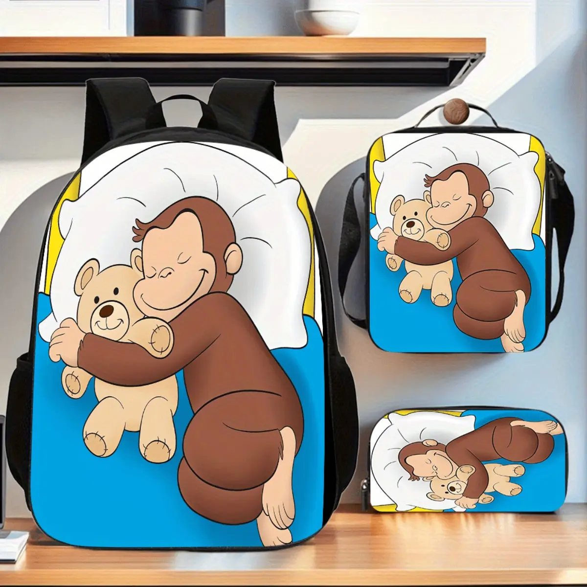 Unisex Cute Modest Polyester 3-Piece Anti-Theft Cartoon Banana Monkey Backpack Set - Back to School Hauls, Campus Life, Casual, Multi-Function, Plain, Character Graphic, Zipper Closure, Lining, Built-In Organizer, Shoulder Bag, Pencil Case, Lunch Bag