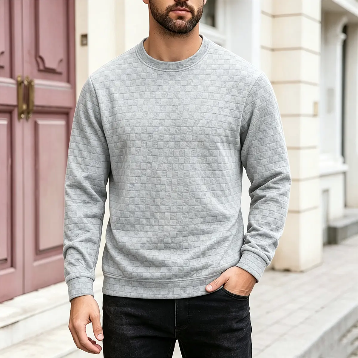 Men's Round Neck Long-Sleeved Polyester Blend Sweatshirt - Embossed Textured Fabric, Ribbed Cuffs, Loose Pullover Hem, Fitted Cut, Medium Length, Cold Wash Suitable for Street Wear & Daily Commuting