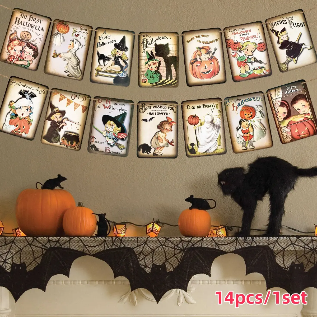 Halloween Pumpkin Head Retro Banner Flags, Party Scene Decorations, Party Decoration Supplies, Mixed Color Paper Home Office Party Decor, Halloween Ornaments, Set