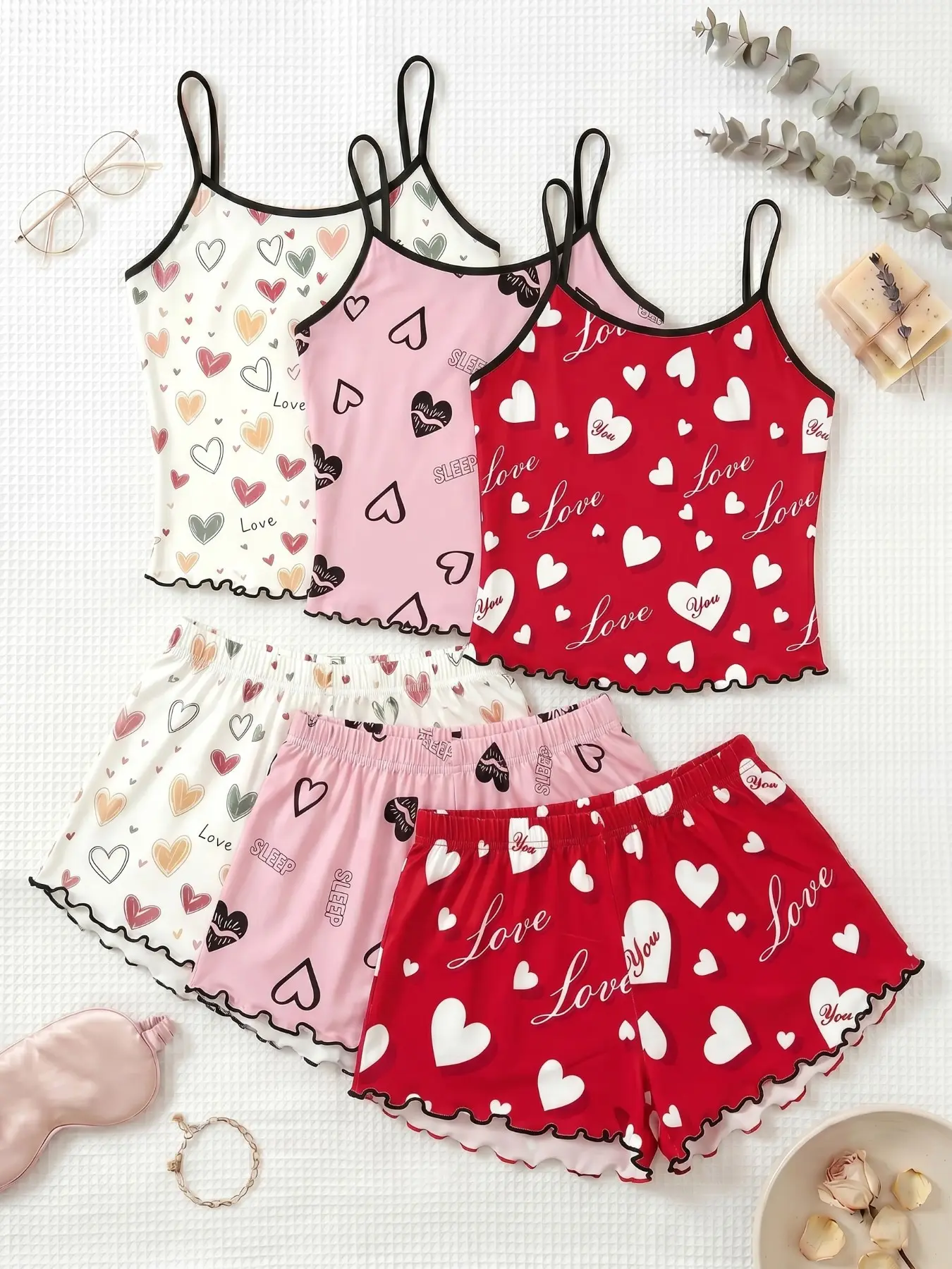 Women's 3-Piece Sleepwear Set, Spaghetti Strap Tank Tops & Shorts, Heart Letter Print, Cute, Comfortable Home, All Seasons, Slim-Fitting