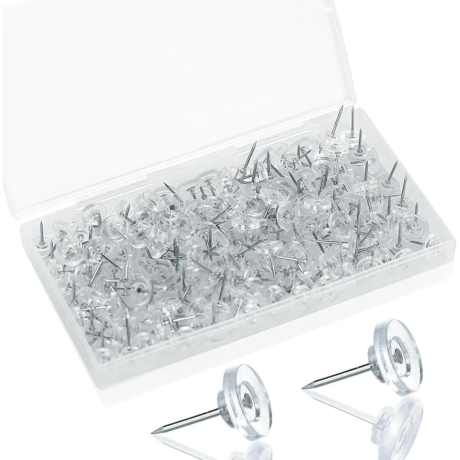 200 Pack Clear Push Pins – Thumb Tacks for Bulletin Boards, Cork Boards, Wall Displays – Flat , Heavy Duty Plastic,  Storage Box Included