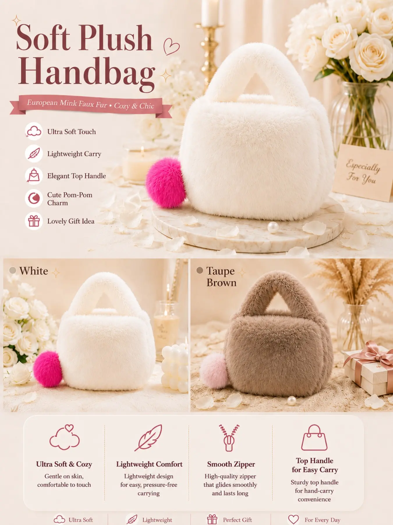 Cute Bunny Fur Mini Handbag for Women, Lightweight Storage Bag, Soft Plush Round Shape with Pom-Pom Charm, A1 Model