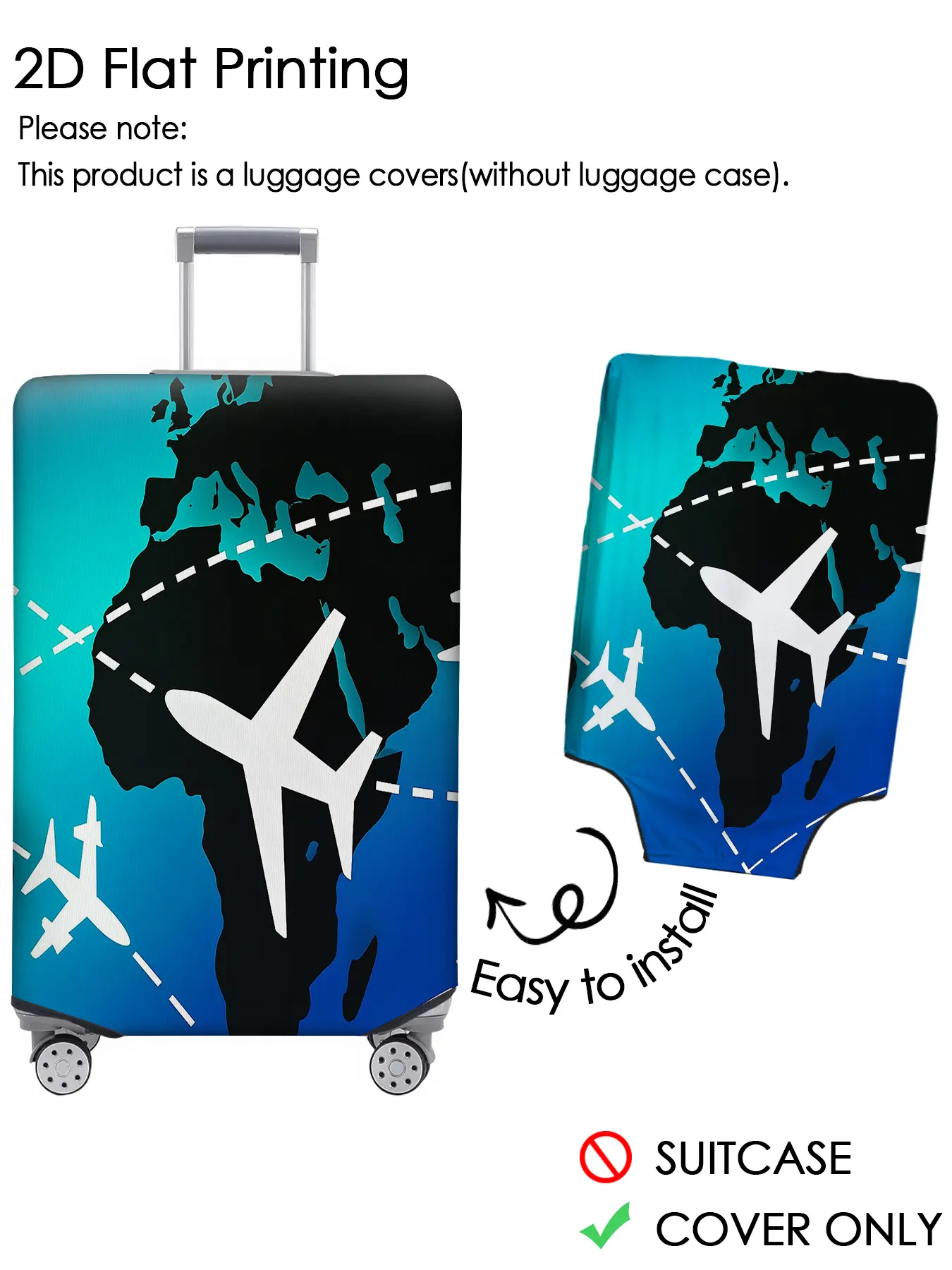 Blue Black World Map Airline Map Luggage Cover Luggage Protective Cover Elastic fabric, dustproof, scratch resistant, suitable for 18-32 inch luggage, essential travel accessory