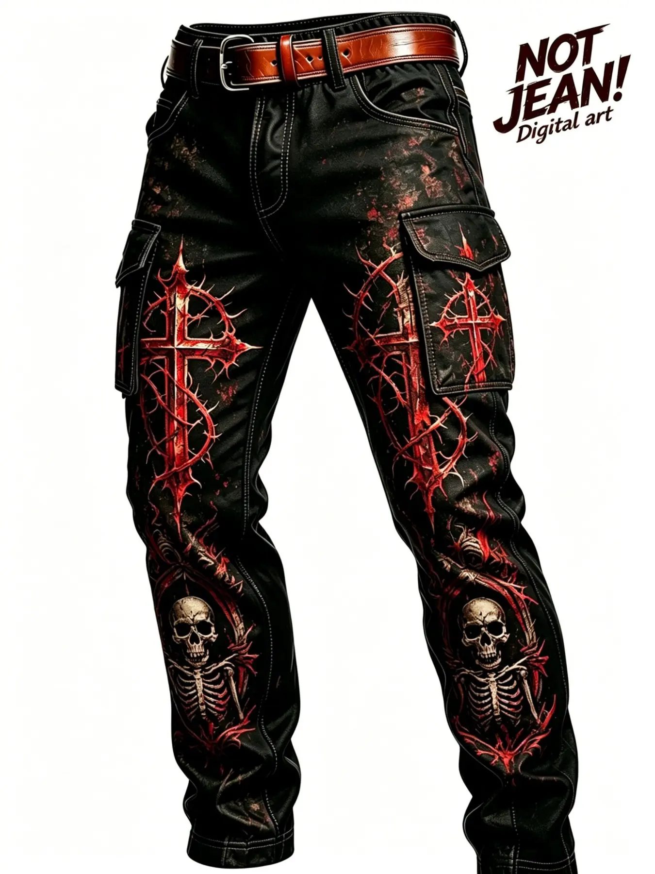 Gothic Punk Crossbone Skull Full-Print Work Pants, Multi-Pocket Straight Leg Men's Casual Long Pants, Fall & Winter Fashion