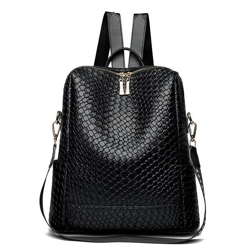 Women's Chic Woven Texture Large Capacity Backpack, Soft Leather Lightweight Multi-Use Bag for Work, Commute and Shopping, Daypack, Smooth Pu, Zip Fastener