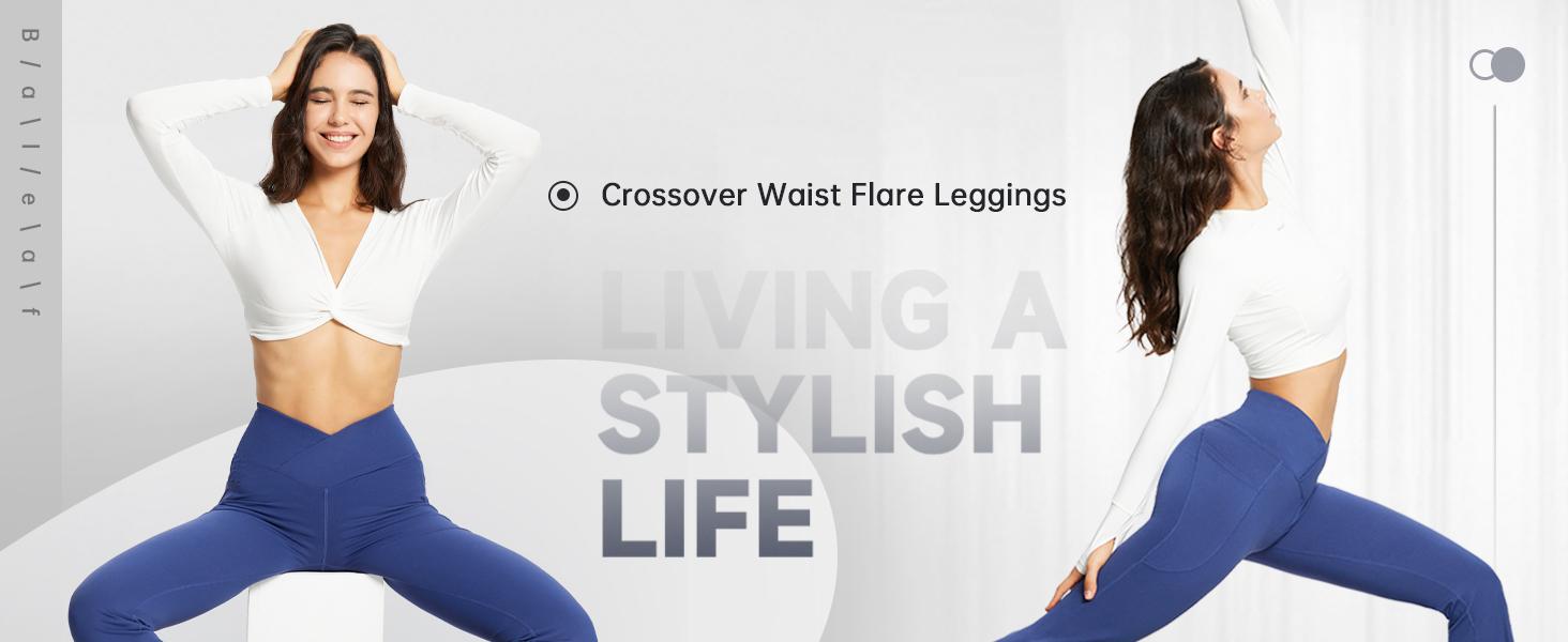 baleaf Petite-Fit Women's High-Waisted Knit Flared Pants-Crossover Waistband, Pockets, Breathable & Moisture-Wicking-Ideal for Yoga, Fitness, and Casual Wear [PC:dbh095]