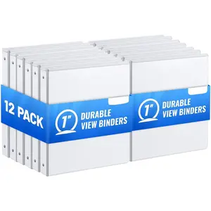 Bulk 12 Pack 1-inch 3 Ring Binders -Durable 1'' Binders with Roung Ring Binder, Large 200 Sheet Capacity, Fit 8.5" x 11"  Letter Size Paper, White (1'' White - 12 Packs)
