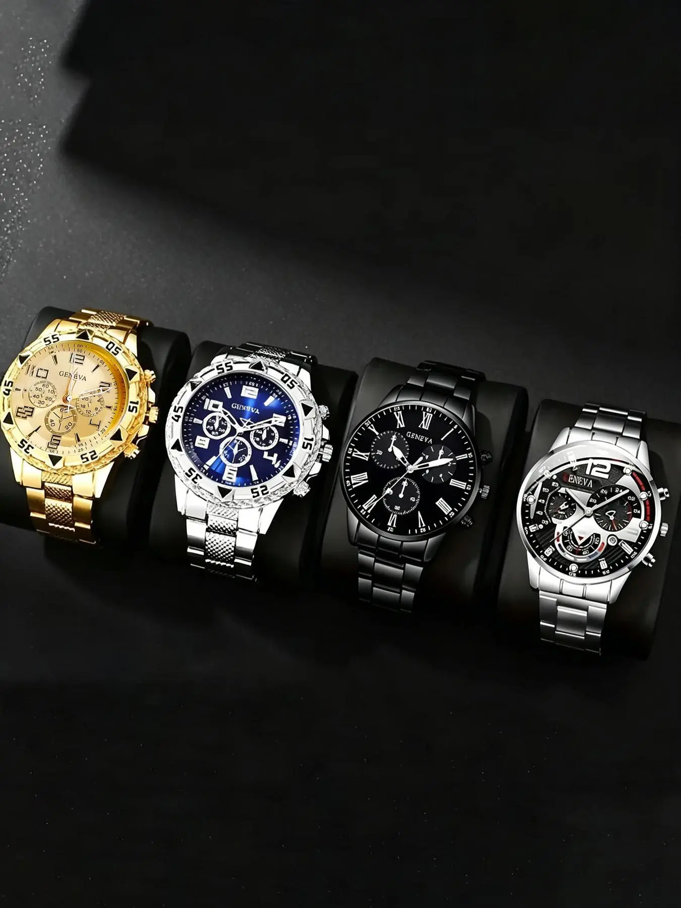 Men's 4-piece Zinc Alloy Geneva Analog Quartz Watch Series - Exquisite Watch Set, Circular Dial, Zinc Alloy Case, Electronic Movement, Modern Fashionable Watches