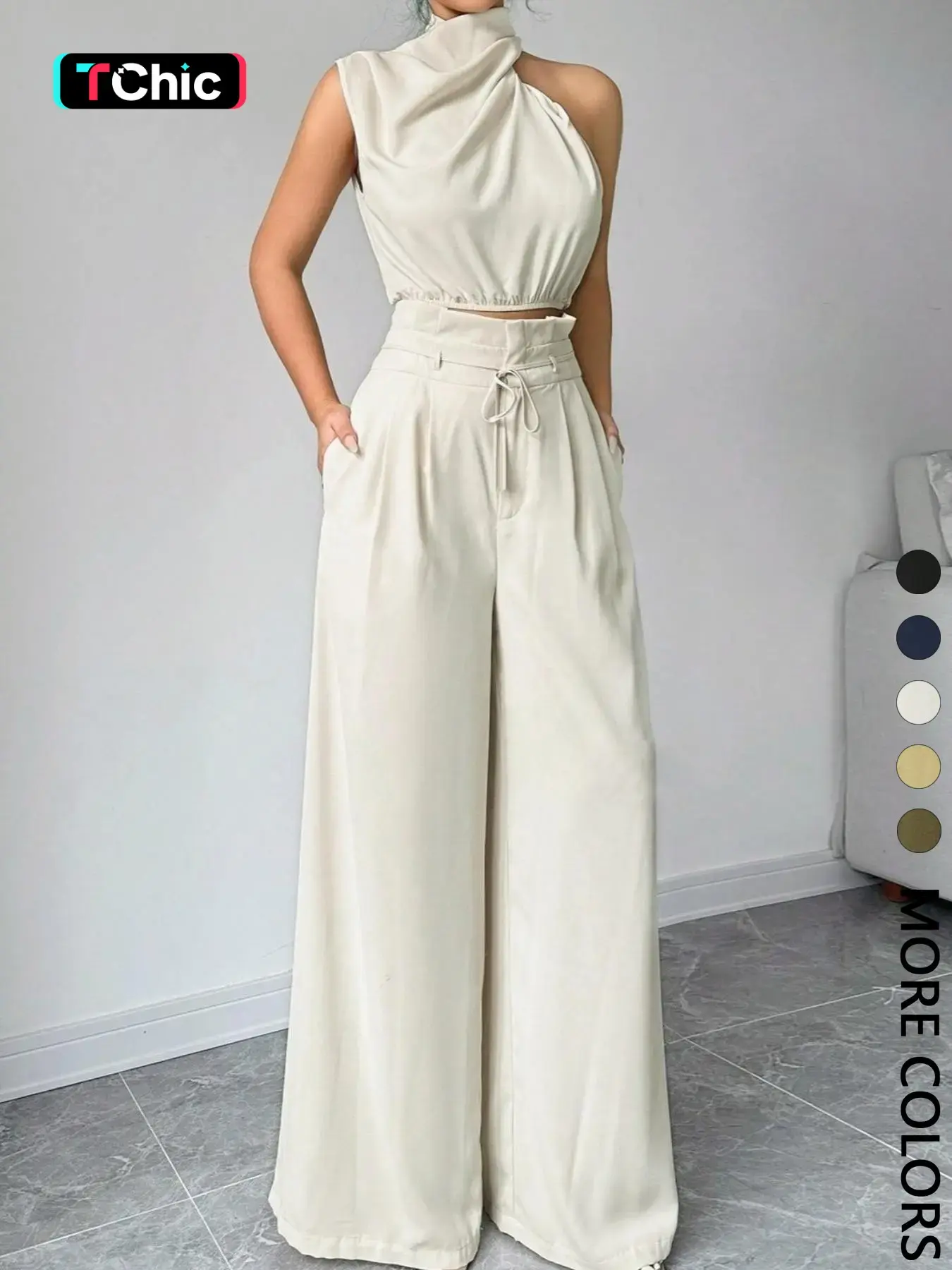 Women's Elegant Asymmetric Top + Wide Leg Pants Two-Piece Set, Casual Daily Wear, Vacation, Work Commute, Versatile