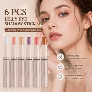 6 jelly eyeshadow sticks, pearlescent glitter eyeshadow, eyeshadow highlighter stick, waterproof, long-lasting, smooth and delicate, suitable for beginners and lazy makeup users