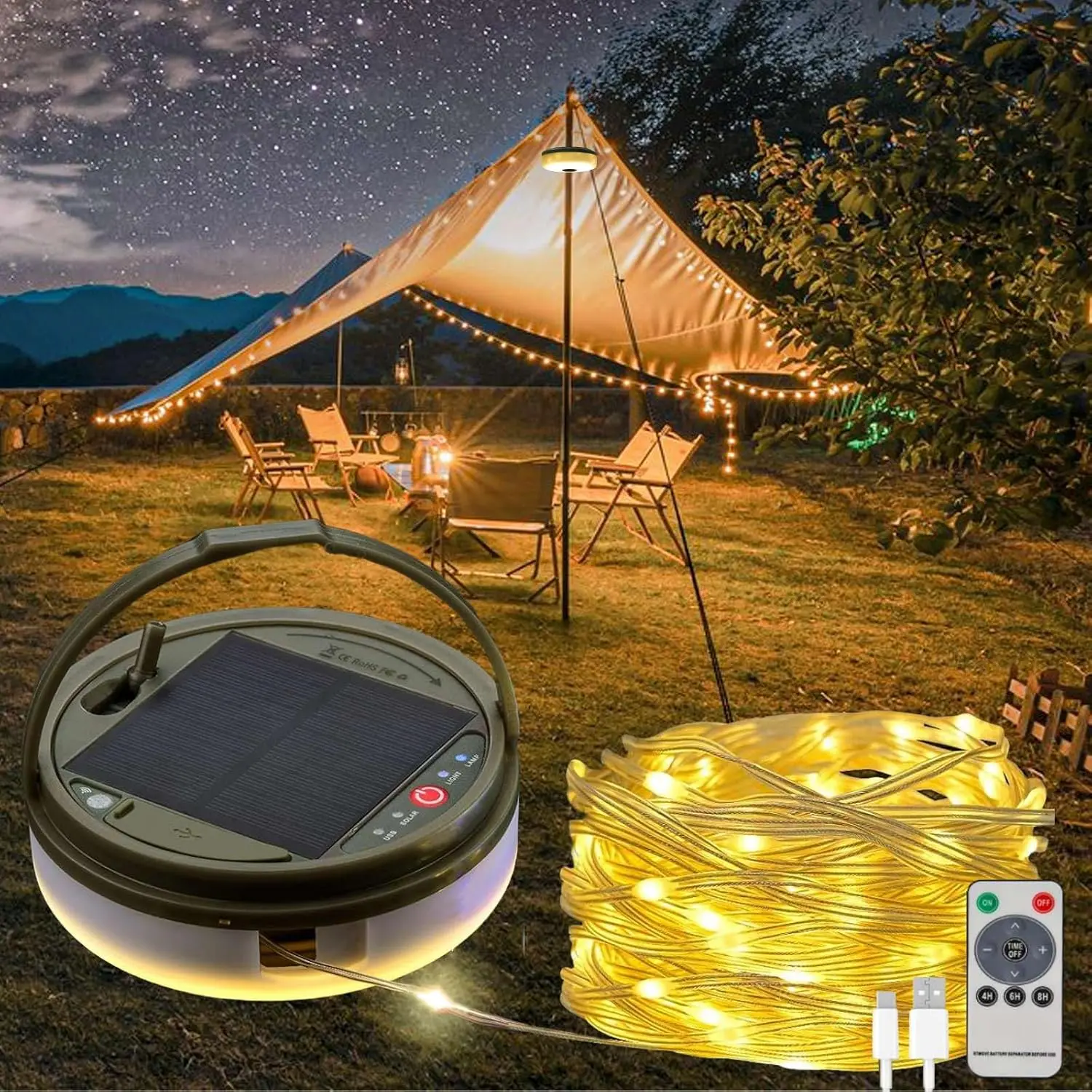 Solar Camping String Lights, 39.4 FT Fairy String Light, 4 in 1 Portable Waterproof Camp LED Lamp with 8 Lighting Modes, Hanging Rechargeable Tent Lantern for Outdoor Garden Patio Party EssentialsGift.