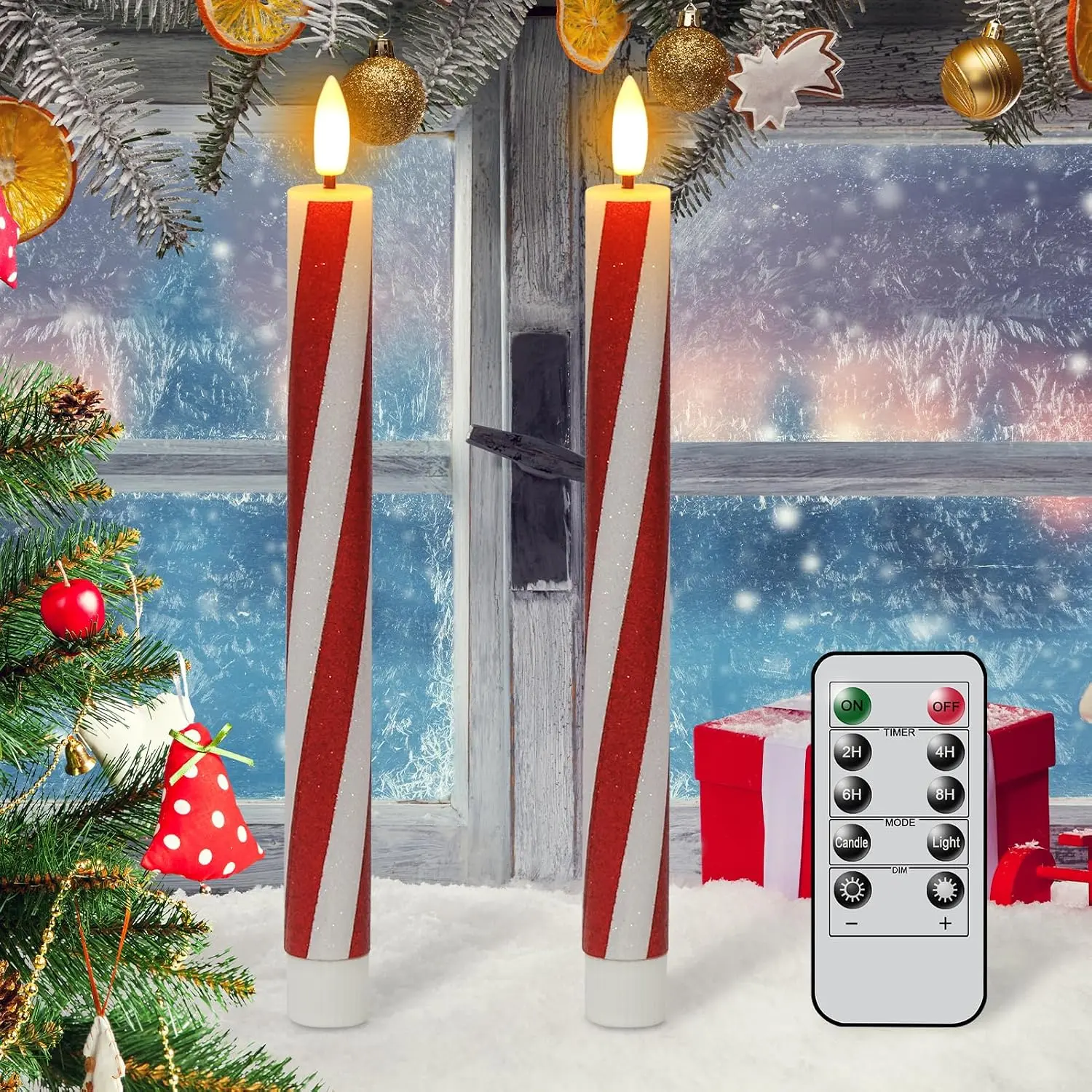 Candy Cane Flameless Taper Candles  Operated Remote Timer | Christmas LED Candlesticks,  Wick Flickering Real Wax, 400 Hour Long Lasting, Holiday Indoor Decor, 0.76"D x 9.65"H, 2 Pack