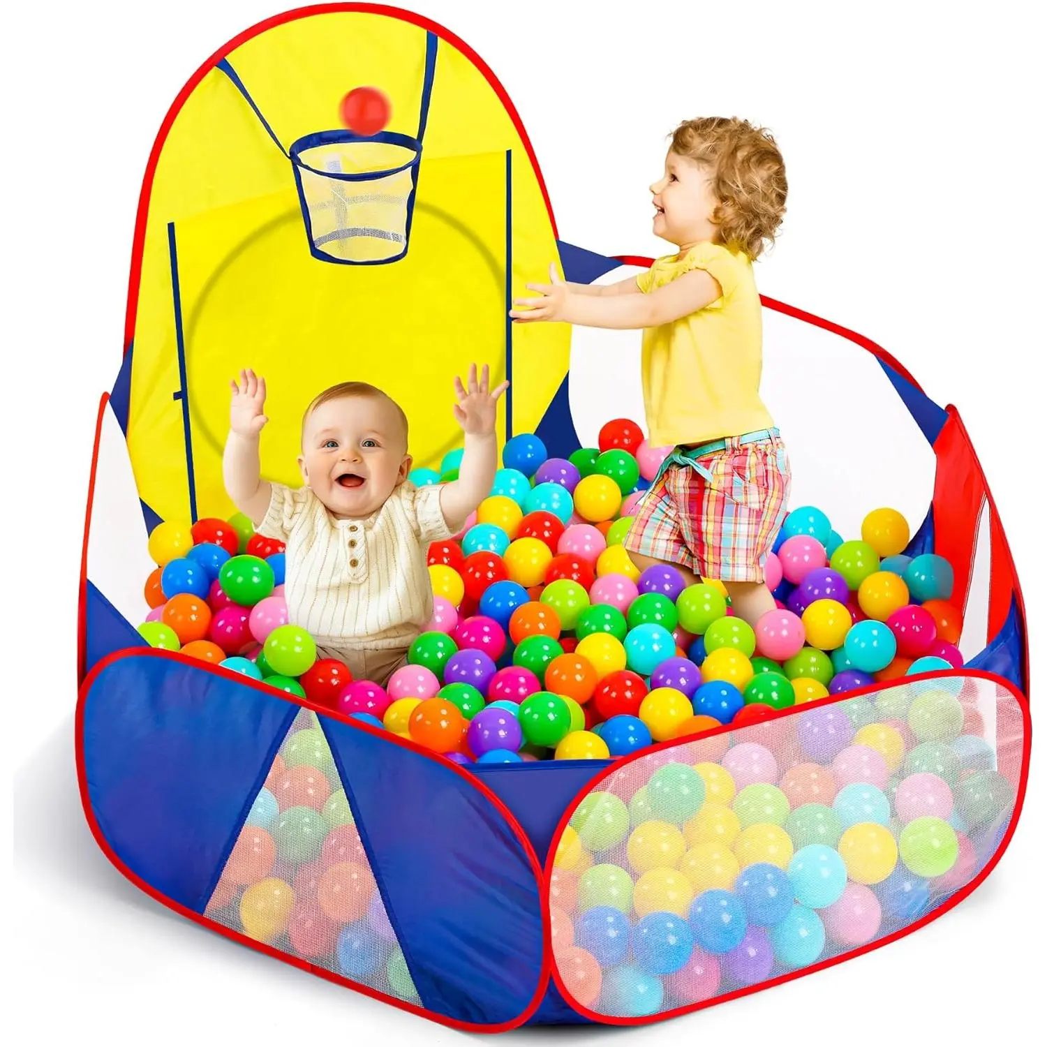 Kids Ball Pit Large Pop Up Childrens Ball Pits Tent for Toddlers Playhouse Baby Crawl Playpen with Basketball Hoop and Zipper Storage Bag, 4 Ft/120CM, Balls Not Included (Blue Yellow Red)