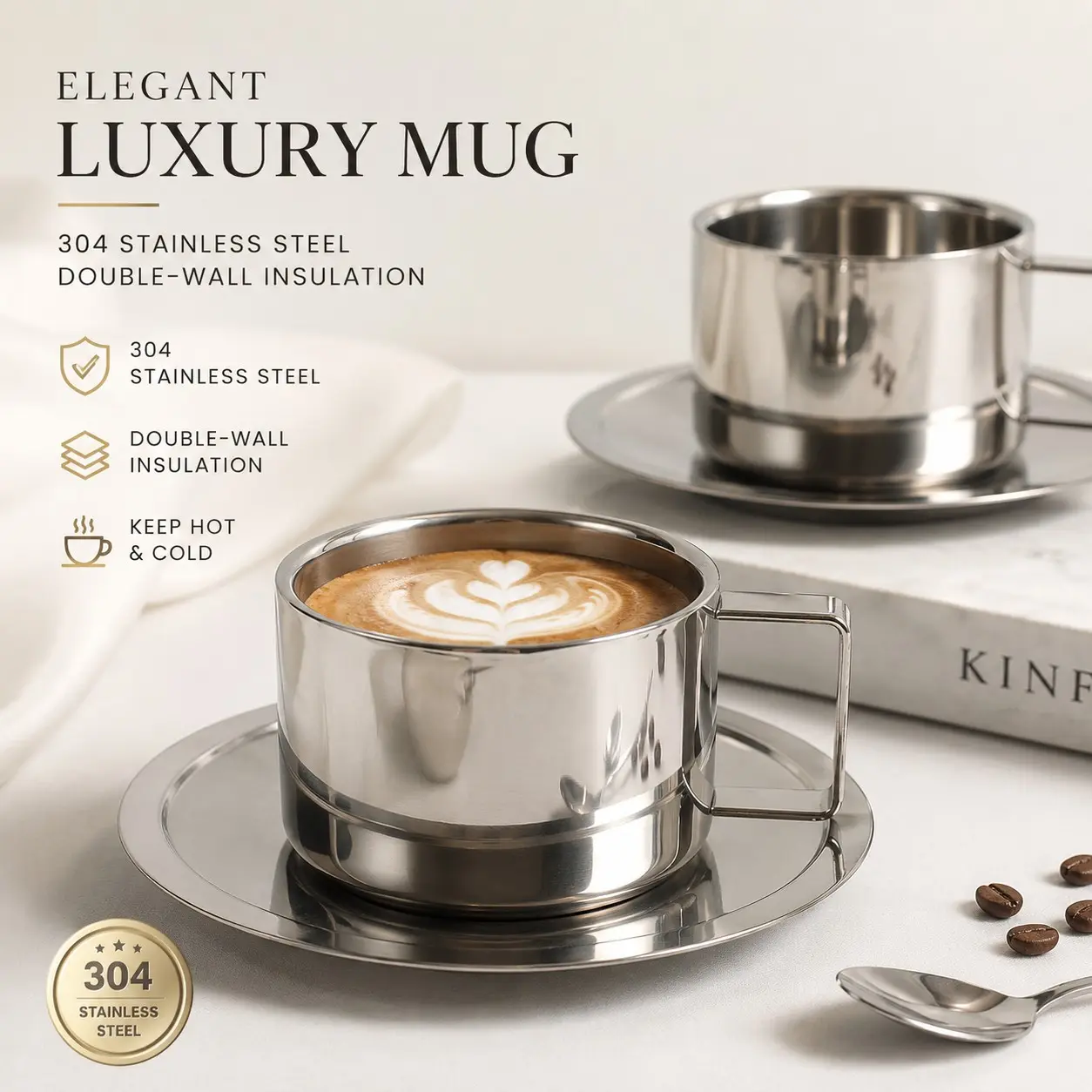 304 Stainless Steel Coffee Mug with Saucer, Double Wall Insulated Cup, Luxury Metal Espresso Cup, Heat Resistant Tea Mug, Elegant Coffee Cup for Home Office, Latte Mugs
