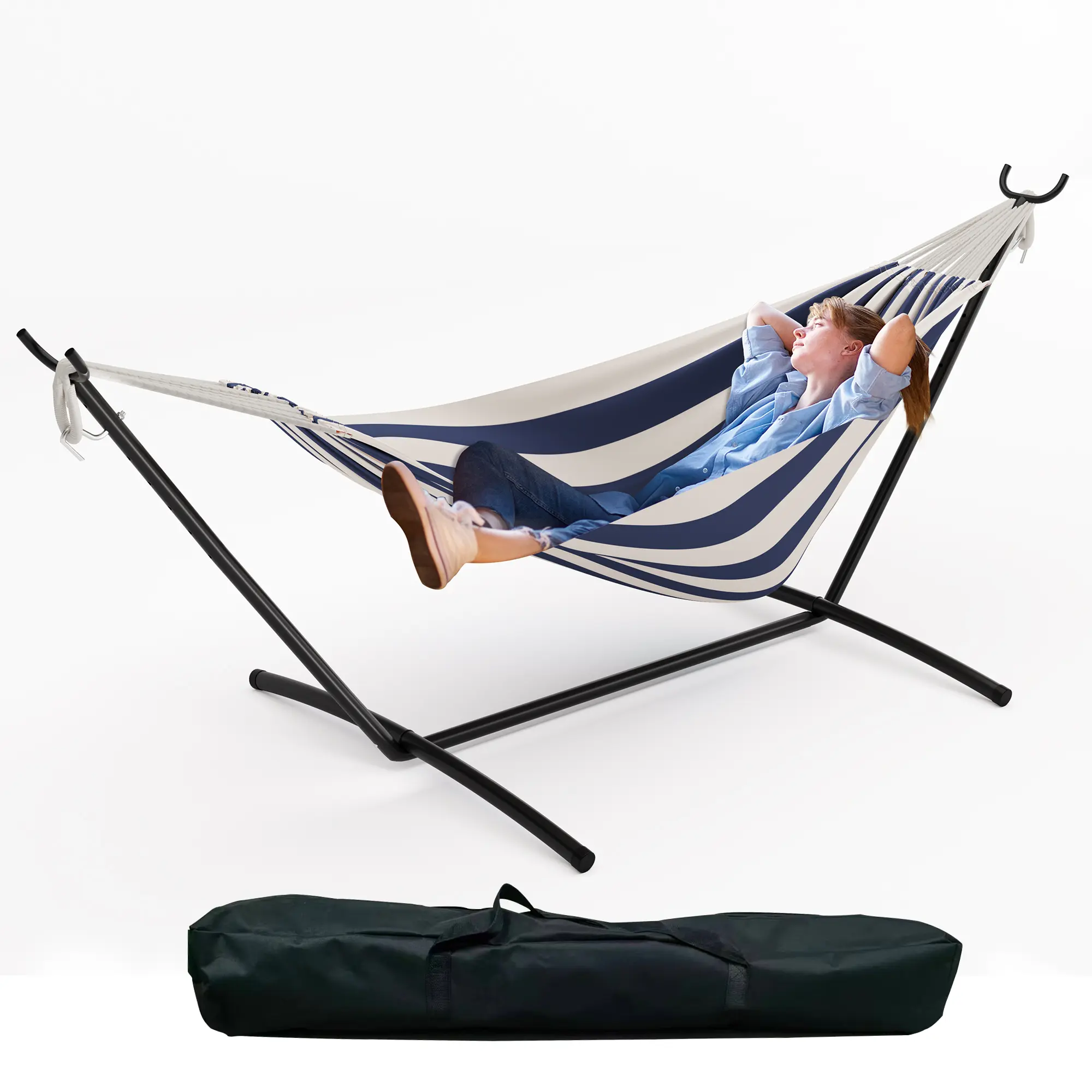 Double Hammock with 450lb Capacity Steel Stand, Premium Carry Bag, 2 Anti-Roll Balance Beams, Folding Portable Commercial/Hotel Furniture Hammock