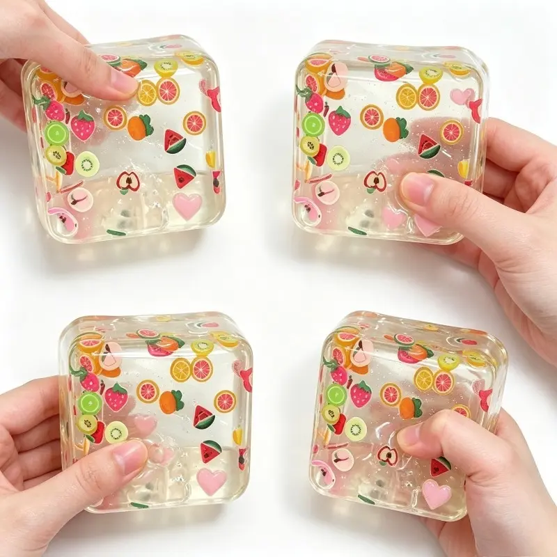 Clear Fruit Confetti Square Decompression Toy, Non-Toxic TPR Slow Rebound Squishy, Crystal Clear Jelly Texture With Floating Mixed Fruit Slices Cute Summer Snack Shape Desk Calming Stress Fidget