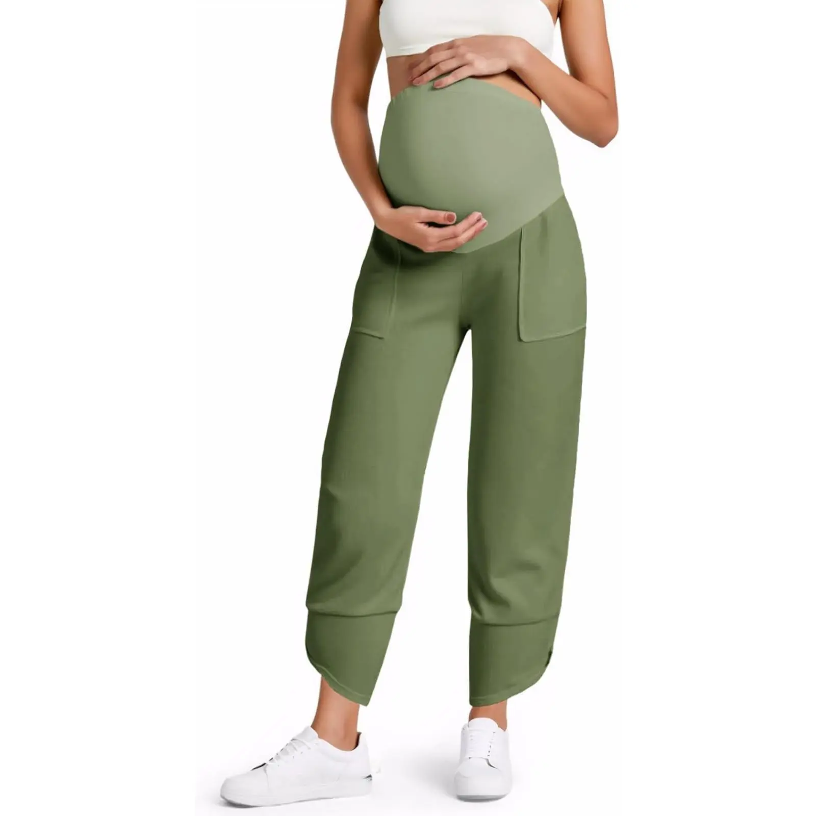 Yousify Womens Wide Leg Maternity Pants Casual Stretchy Ribbed Palazzo Pregnancy Trousers with Pockets