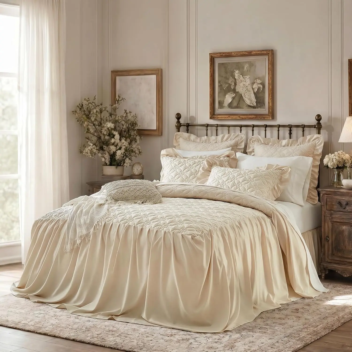 3-Piece Twin Size White Floral Ruffle Skirt Bedspread Set - 30" Long Drop, Cooling, Breathable, Eco-Friendly, Vintage Chic Boho Farmhouse Rustic Luxurious Coverlet, Iron on Low Heat, Romantic Bedspreads & Coverlets