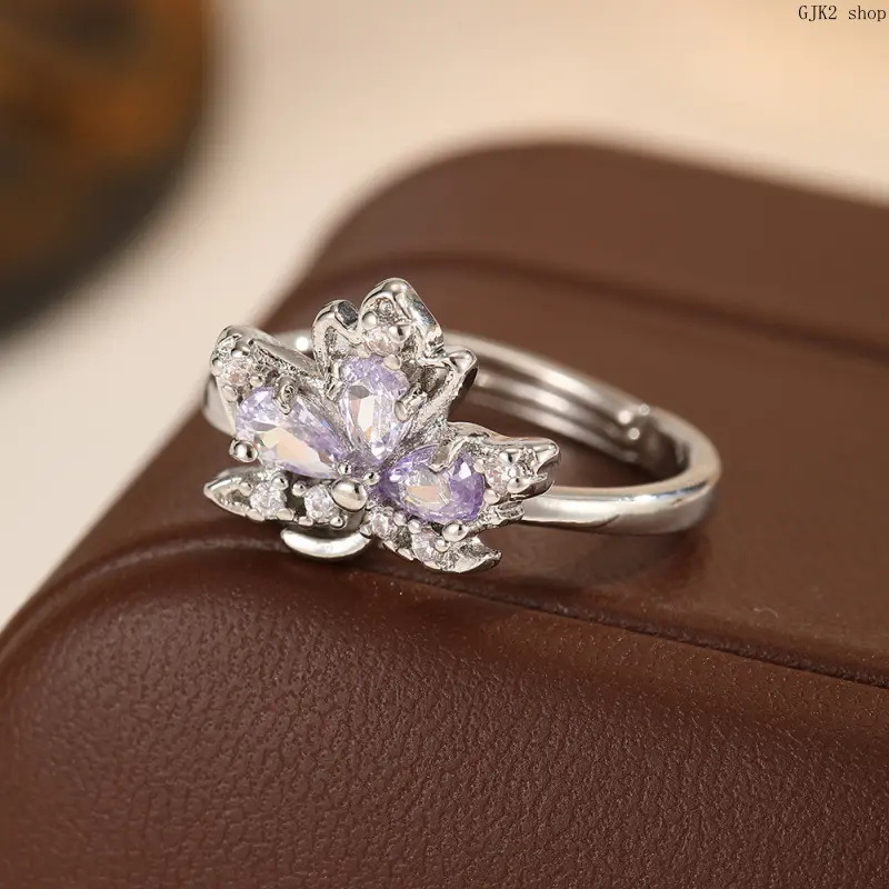 Silver Tone Purple Rhinestone Butterfly Ring, Sparkly Crystal Butterfly Adjustable Open Band Ring For Women