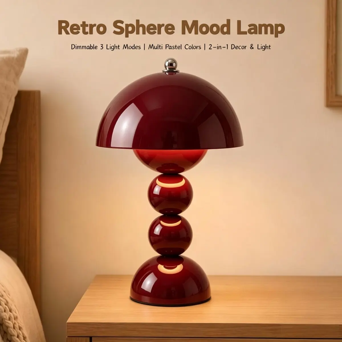Vintage Cream Style Table Lamp, Three-Layer Ball Sculpture Nightstand Lamp, Touch Control Three-Step Dimmable Rechargeable Bedside Light For Bedroom Decor