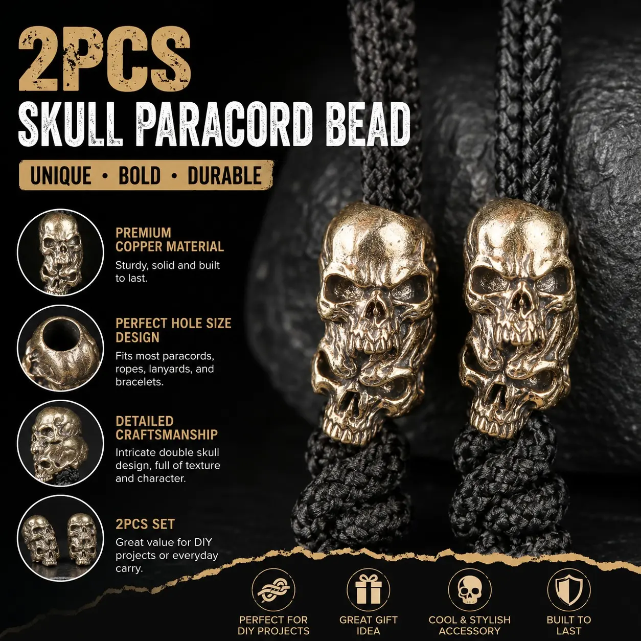 2-Piece Brass Skull Rope Pendant Set, Handmade DIY Jewelry Charms, Car Keychain, Trendy Accessory, Perfect Halloween Gift