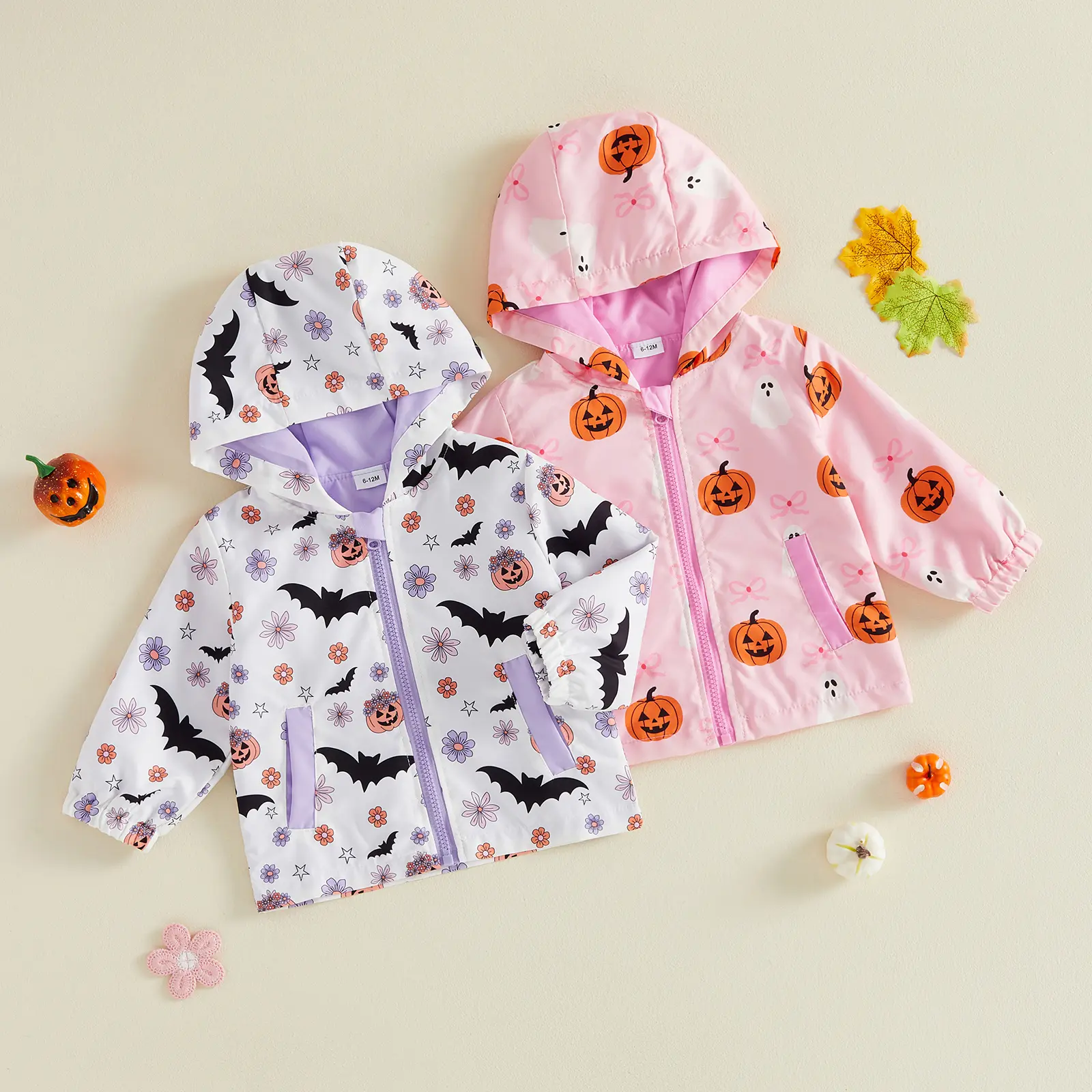 Toddler Girl Halloween Jacket Pumpkin Ghost/Flower Bat Print Hooded Long Sleeve Coat Zipper Outerwear