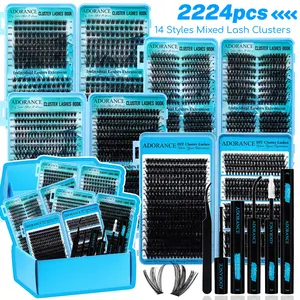 ADORANCE 4 Box 2224PCS Lash Clusters Kit, 14 Styles Mixed Lash Clusters, Natural Wispy Cat Eye Lashes, Large Capacity DIY Lash Extension Kit with Bond & Seal, Remover and Tweezers