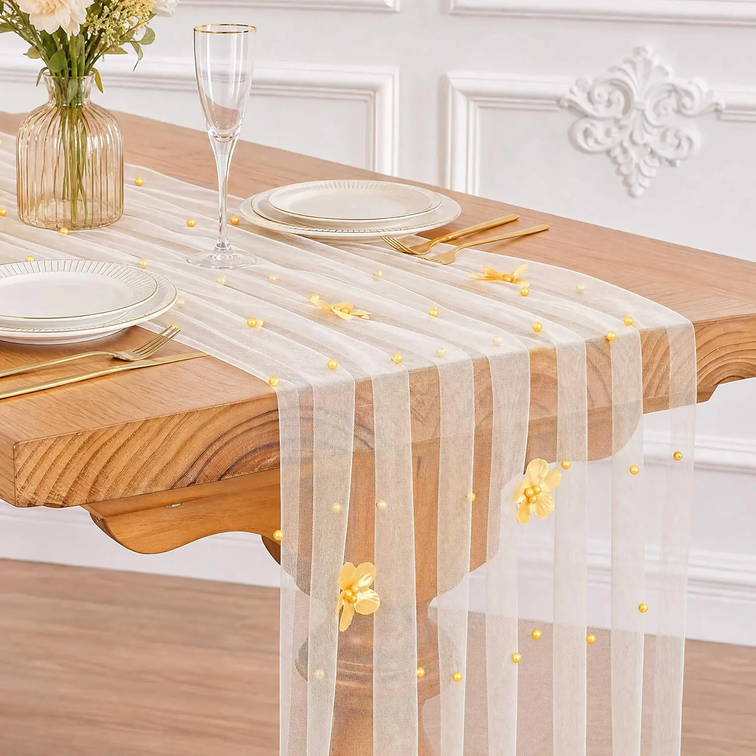 Beige  Table Runner Floral Tulle Gauze Runner 10FT 1 Pack | Boho Wedding Table Runner Yellow Flower Bridal Shower Table Decor Garden Party Dining Centerpiece Rustic Setup