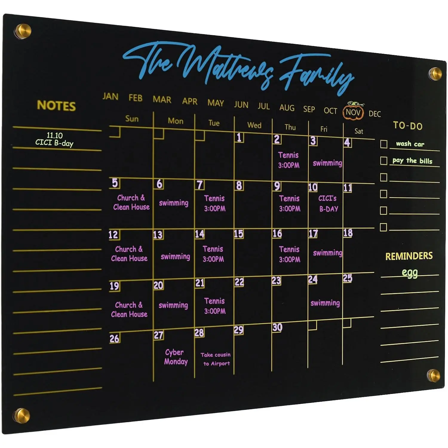 Black  Calendar Dry Erase for Wall, Family Planner, Monthly Calendar Dry Erase Whiteboard for , Office, 17" x 13" White Board(-BK-3343)