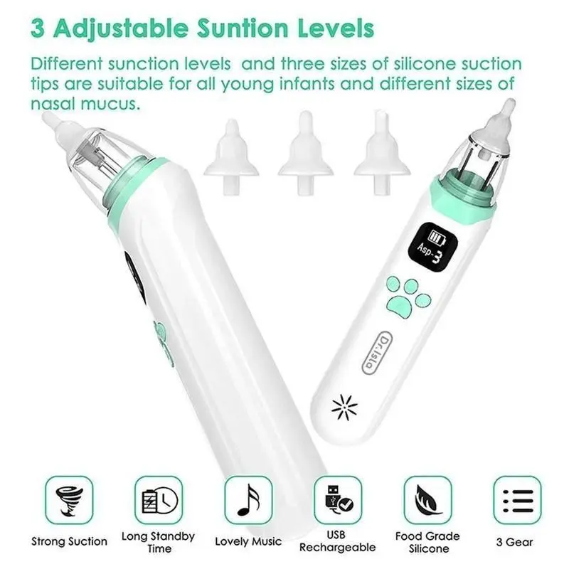 Electric Nose Aspirator for Babies, Rechargeable Nasal Suction Tool with 3 Silicone Nozzles, Calming Music and Light Features