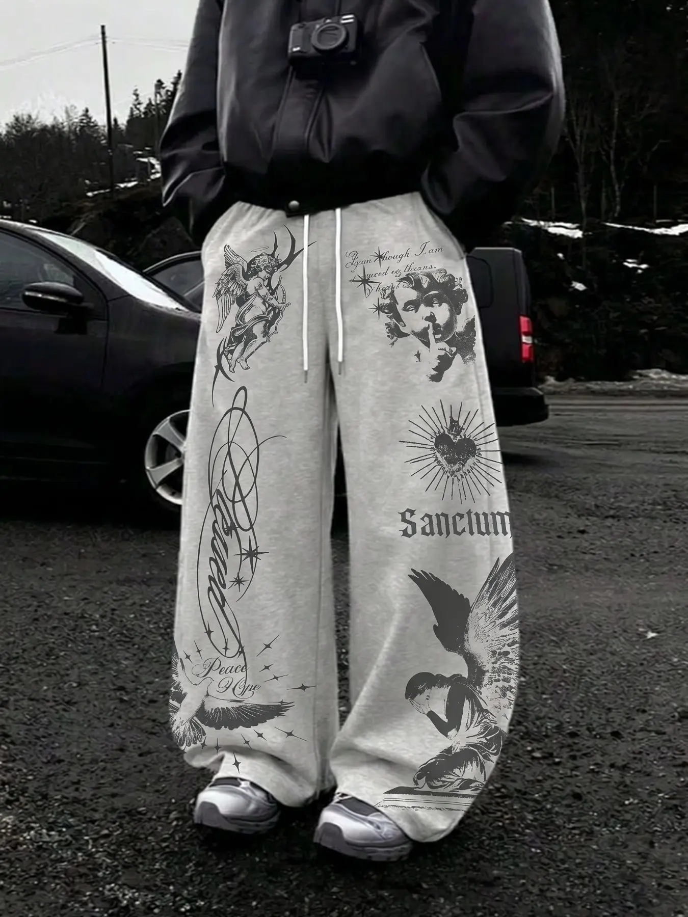 Unisex Heather Grey Loose Baggy Drawstring Sweatpants | Cupid Angel Heart Dove Print Religious Pants | Streetwear Wide Leg Bottoms for Fall Winter