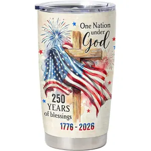250th Anniversary USA 20oz Stainless Steel Insulated Tumbler with Lid, 2D Printed One Nation Under God Patriotic Cross American Flag Coffee Tumbler, 1776-2026 Independence Day Gift