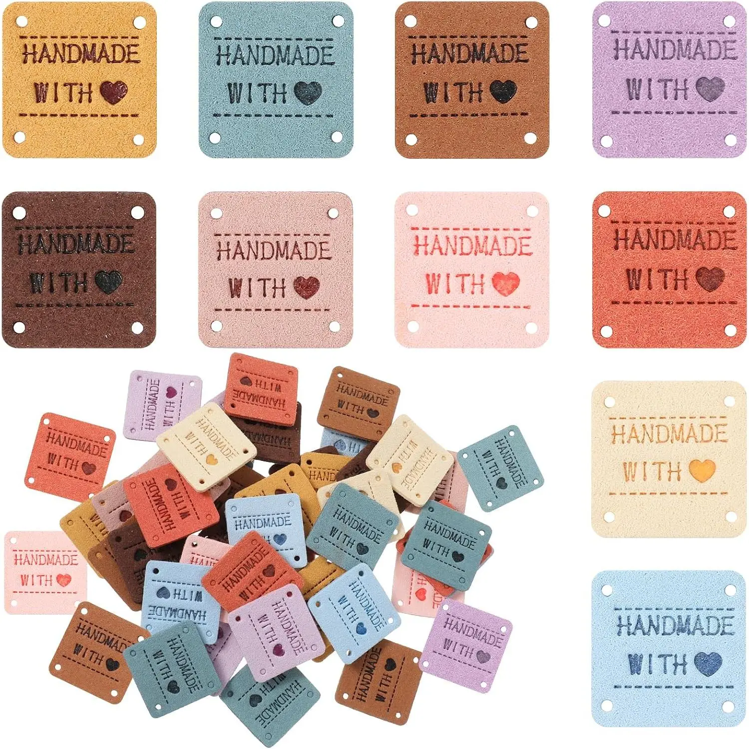 50-Count Square Faux Leather Tags with Predrilled Holes, Embossed Text "Made with Love" Custom Sewing Labels for Crochet Craft, Knitting Accessories, Gifts for Crocheters, Square Shape