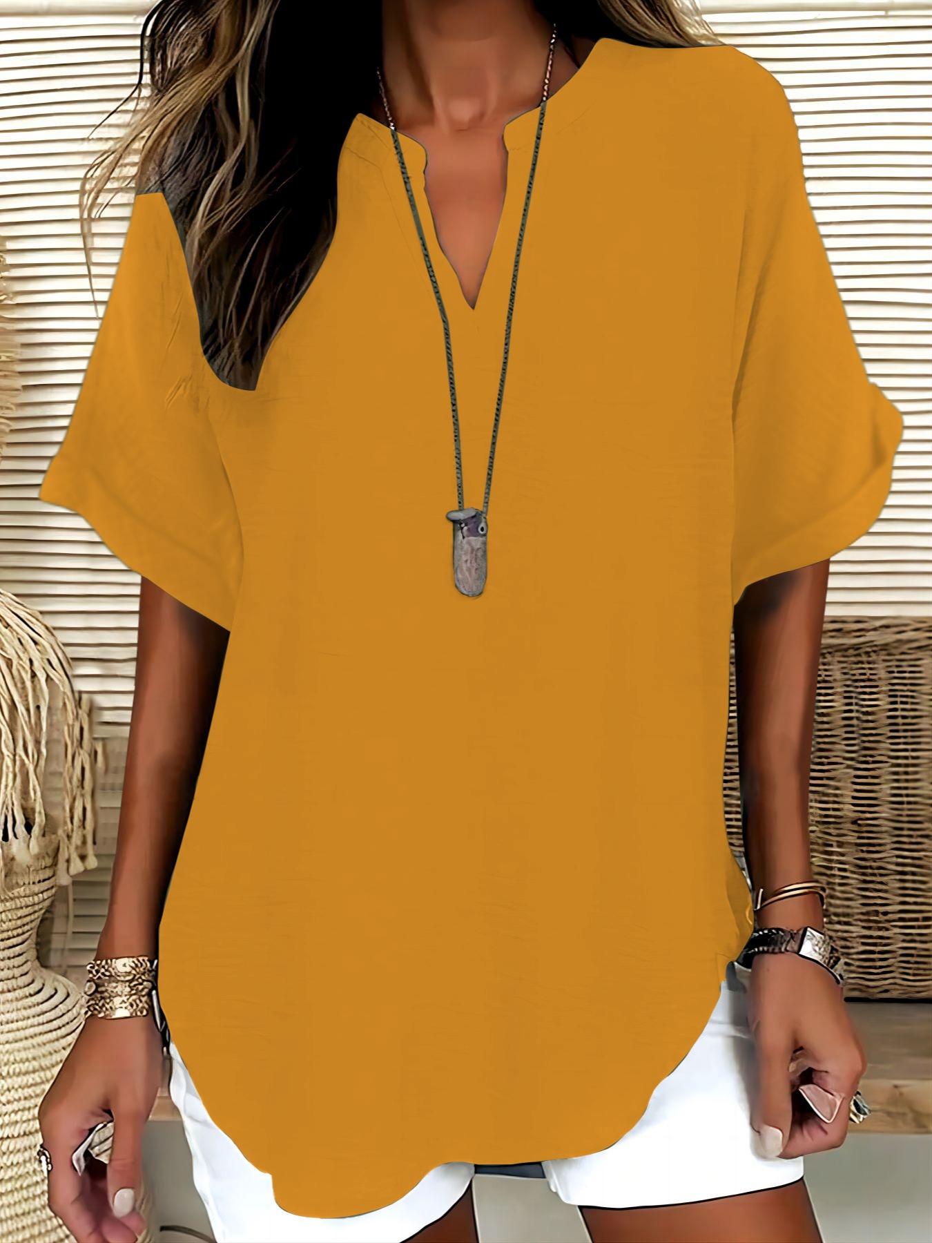 Elegant Polyester V Neck Loose Fit Short Sleeve Blouse Shirt for Women, 100% Polyester, Regular Length, 145g/m&sup2;, Casual Weekend Top Womenswear