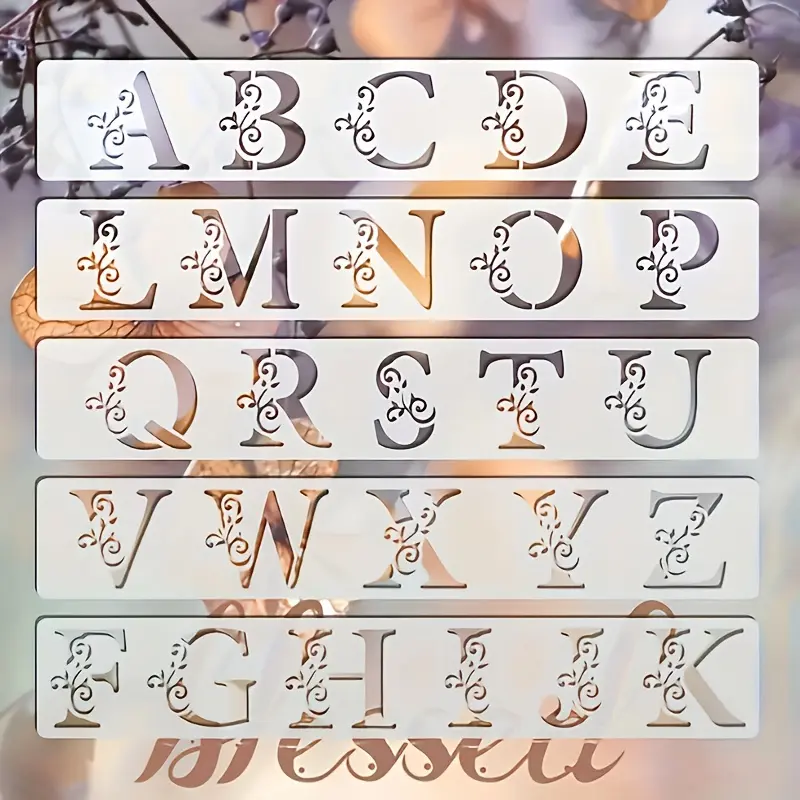 5-piece floral letter stencil set, suitable for fabric, scrapbooking, weddings, and birthday celebrations, includes uppercase letters, lowercase letters, and numbers. Can be used as a multifunctional decorative creative tool. Scrapbooking Supplies