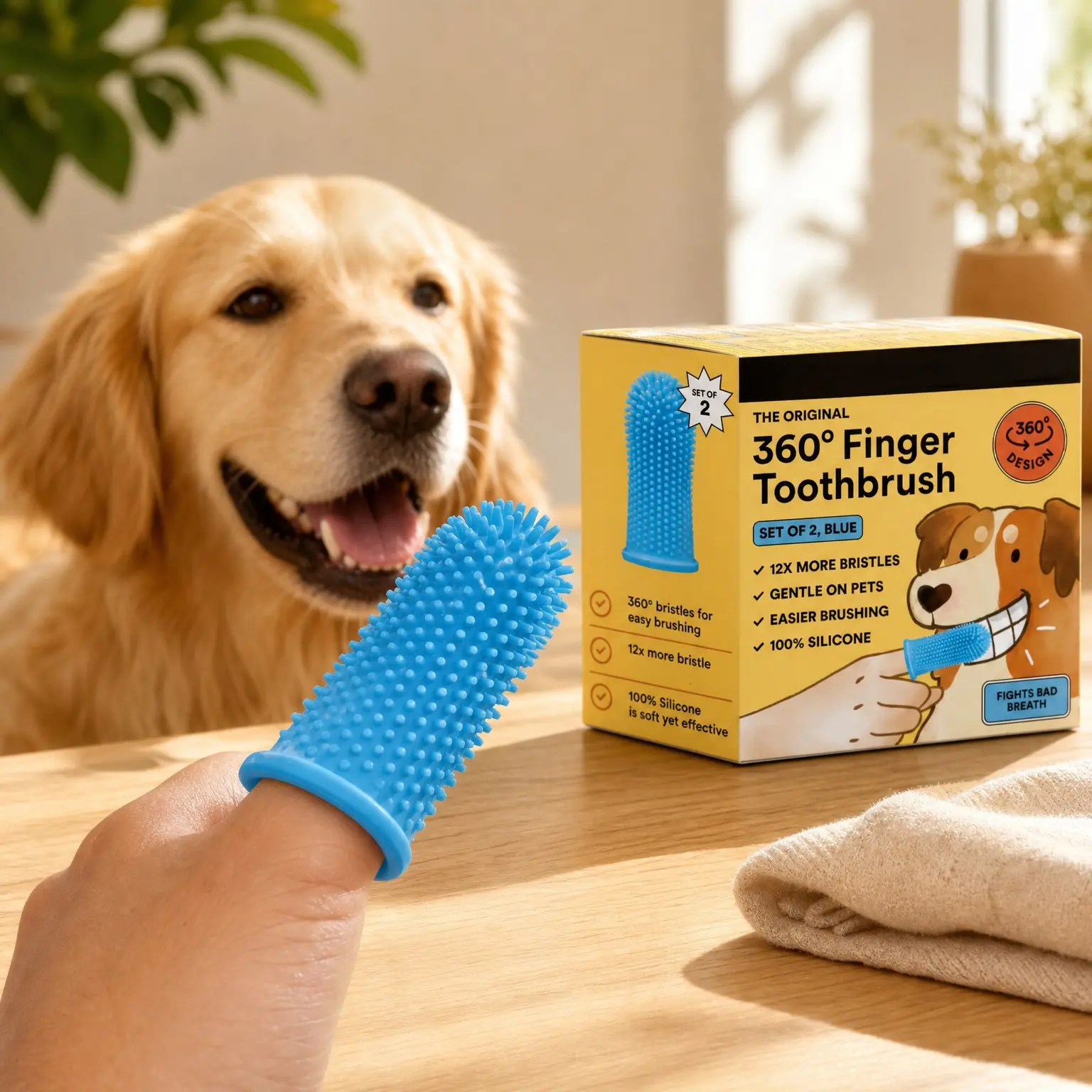 360° Finger Toothbrush for Dogs & Cats, Blue 2-Pack – 12x More Bristles, Extra Soft Silicone Teeth Cleaning Kit for Small & Large Pets, Fights Bad Breath (Toothpaste Not Included)Gift