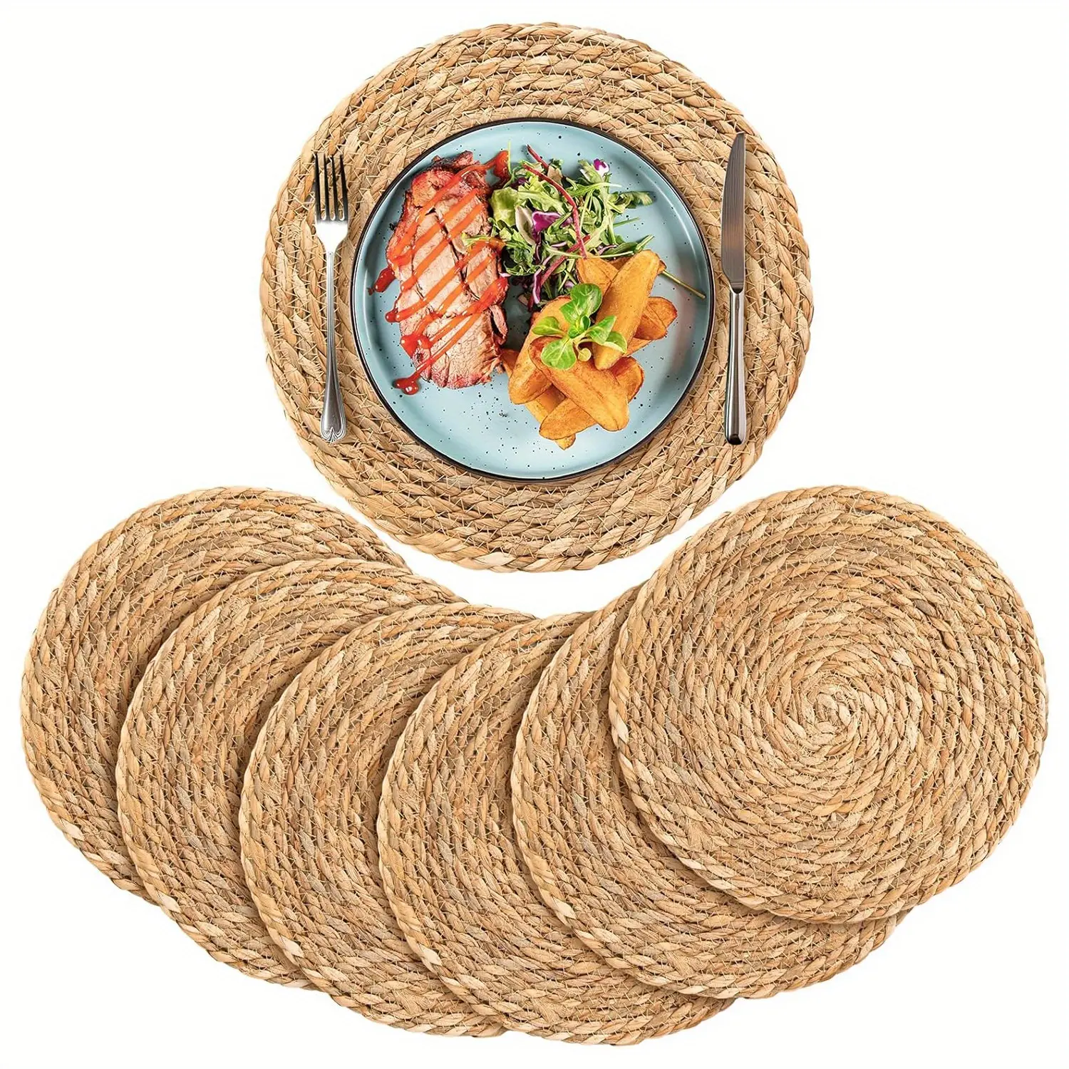6-Pack Handmade Rattan Placemats - Round Woven Table Mats, Kitchen Decorative Placemat, Insulation Pad, Rustic Braided Wicker Table Mats for Holiday Decor, Weddings, Kitchen & Dining Accessories