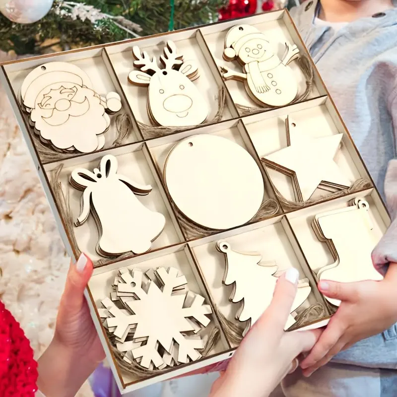 DIY Wooden Christmas Ornaments 45pcs, Pre-Cut Blank Wood Cutouts for Painting, Holiday Hanging Decor with String, Santa Reindeer Snowman Tree Stocking Star Bell Snowflake Bauble