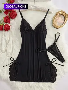 Women's Bow Decor Contrast Lace Cami Nightdress & Thong Set, Comfy Sexy Lingerie for All Seasons, Fashion Ladies Sleepwear & Homewear