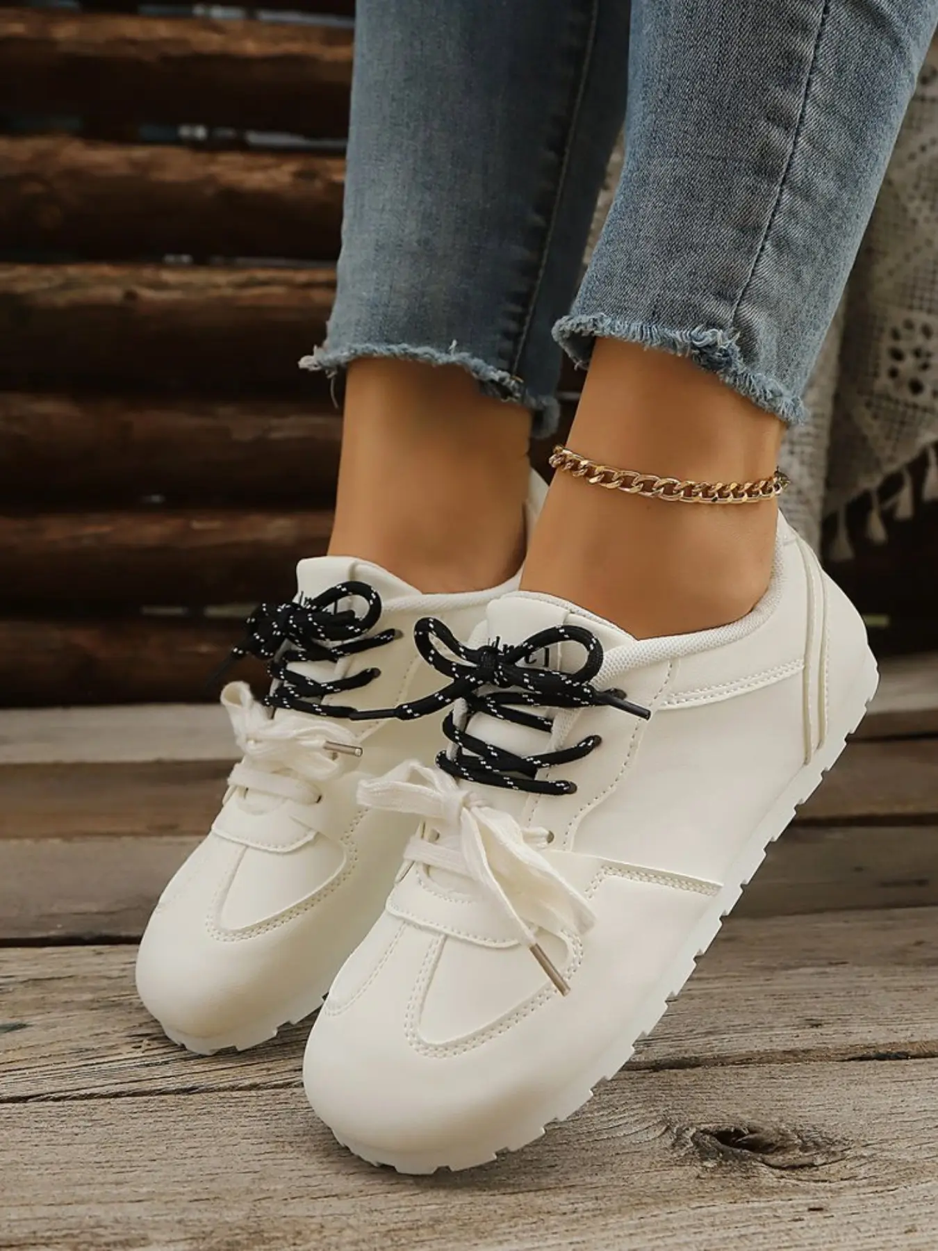 Women's PU Leather Dress Shoes, Block Laces, Plain Design, Lightweight Comfortable Casual Sneakers, All-Season Wear