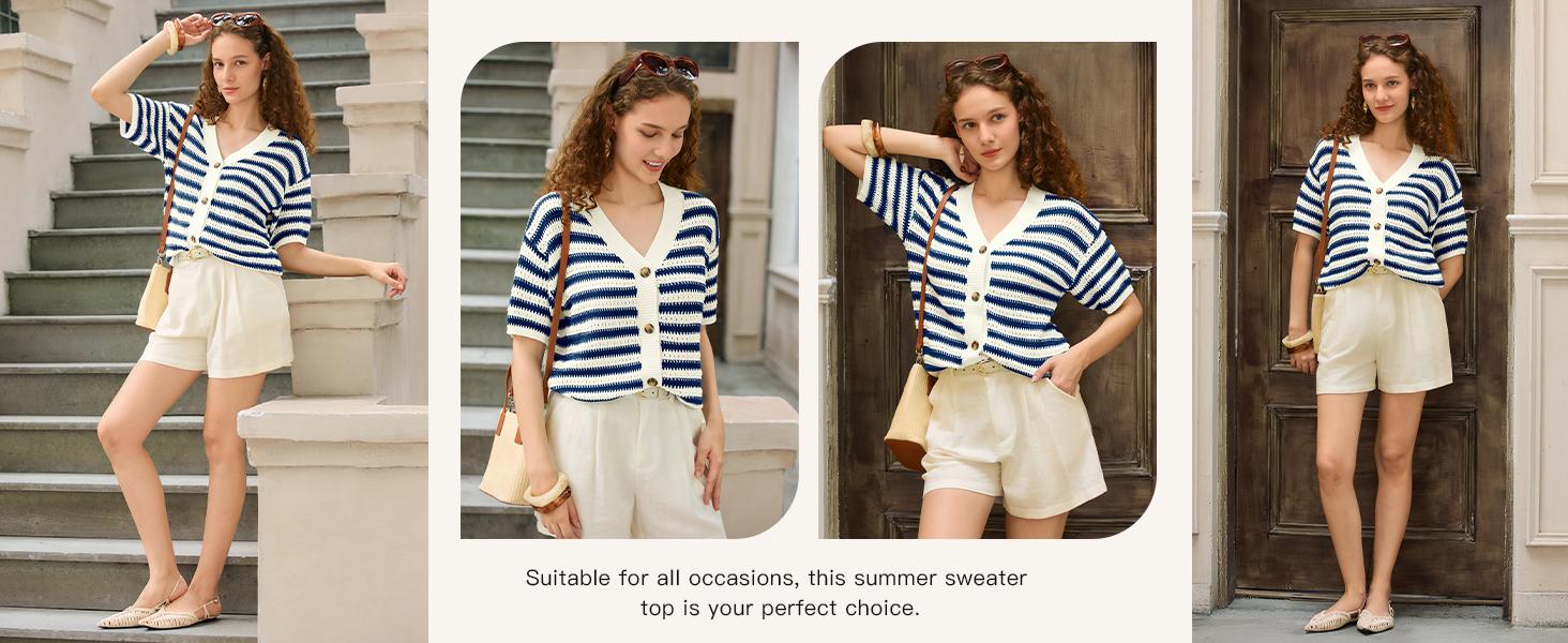 Saodimallsu Womens Short Sleeve Striped Cardigan Sweaters Crochet Knit Button Down Shirts V Neck Spring Summer Tops