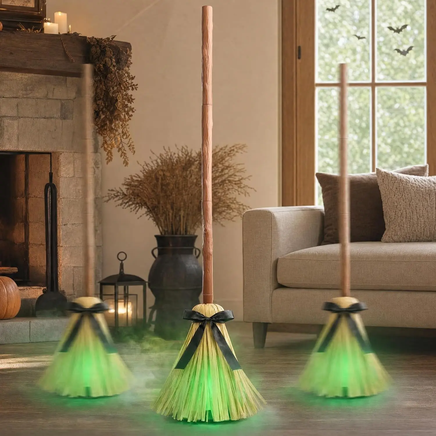 49" Animated Floating Lighted Plastic-Woody Witch Broom - Spooky Sound/Mute Mode, Dancing Magic Broom for Halloween Indoor Home Party Decorations