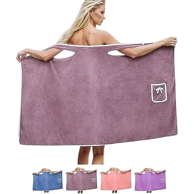 Wearable bath Towel S Size, quick dry bath wraps shower skirt , Women's After Shower Robe ,Off Shoulder Bathrobe Dress,Cute Pocket Design,Purple