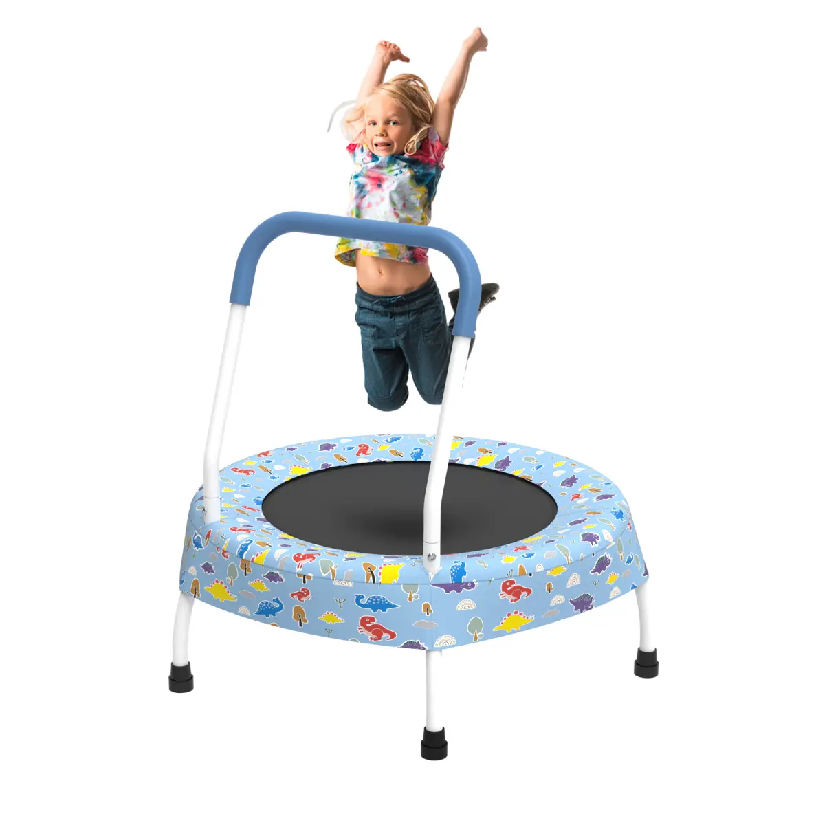Kids Mini Jumper with 30''H Safety Handle, 28-Inch Blue Bouncer with Steel Frame for Babies, Indoor Outdoor Play to Build Confidence & Improve Coordination, Toddler Trampoline, Bouncing, Unisex, 55 Lbs, 1-4 Years, Safe Jumping, 28*28*30 Inch
