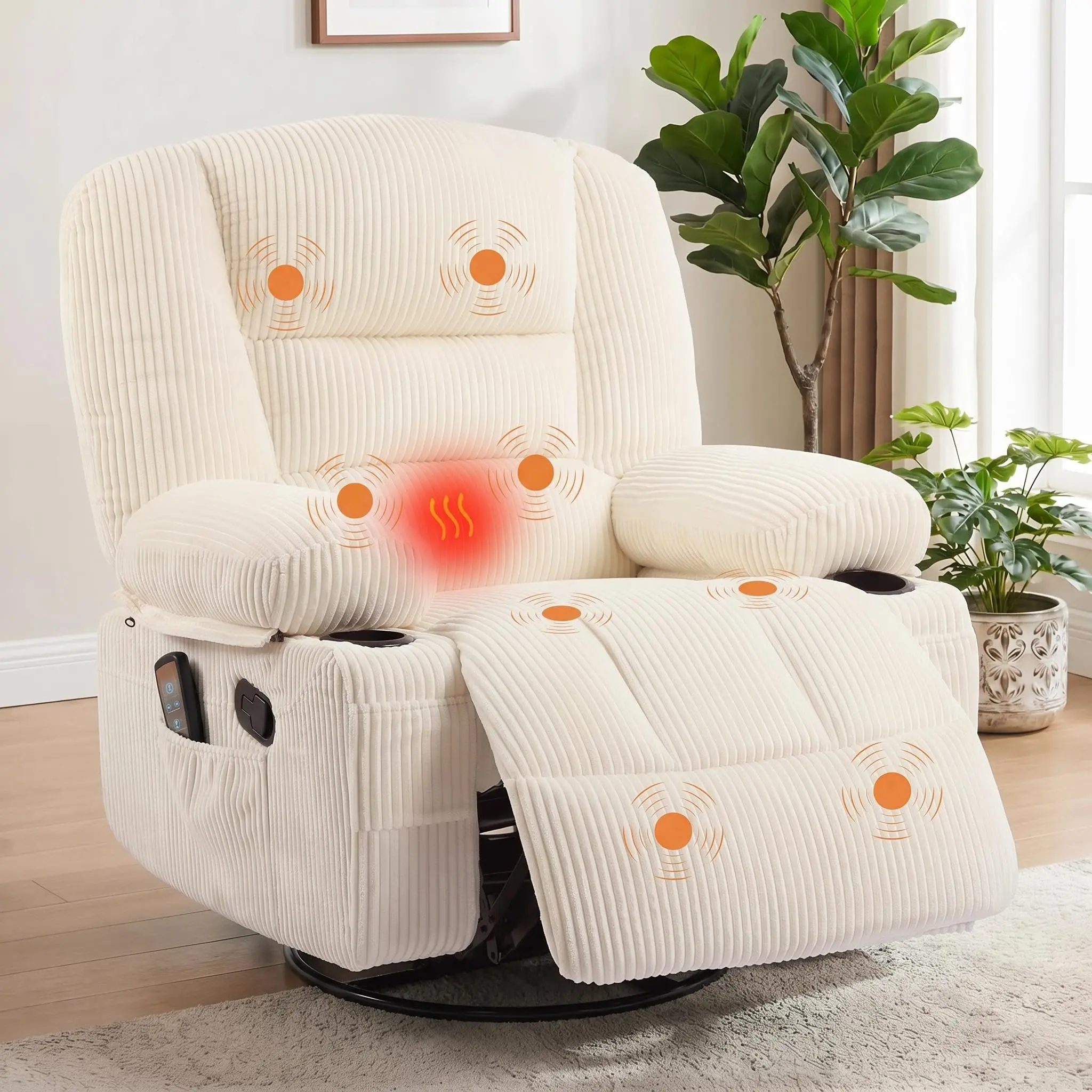Oversized 360° Swivel Recliner Chair with Massage & Heating, Nursery Chair, Extra Wide Padded Seat, Soft Fabric Lounge Chair for Living Room Bedroom